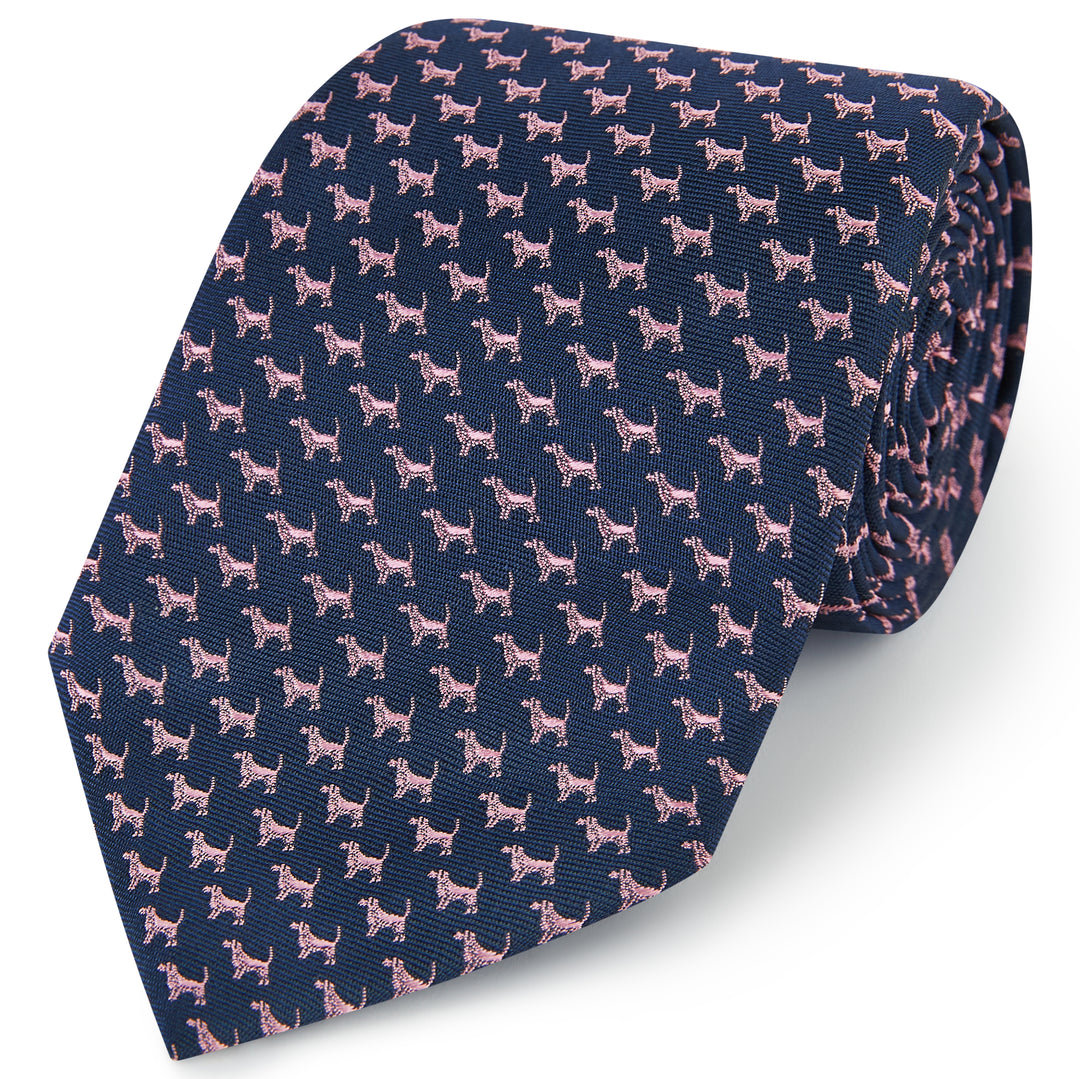 Navy Pink Micro Dog Woven Silk Tie