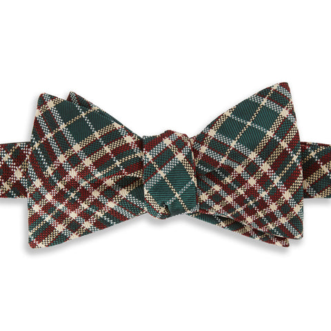 Green and Burgundy Plaid Check Silk Self Bow Tie