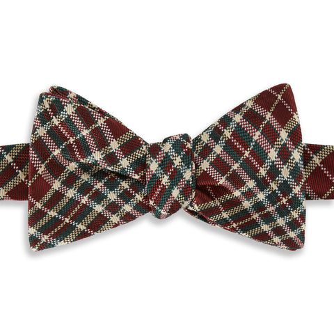 Burgundy and Green Plaid Check Silk Self Bow Tie
