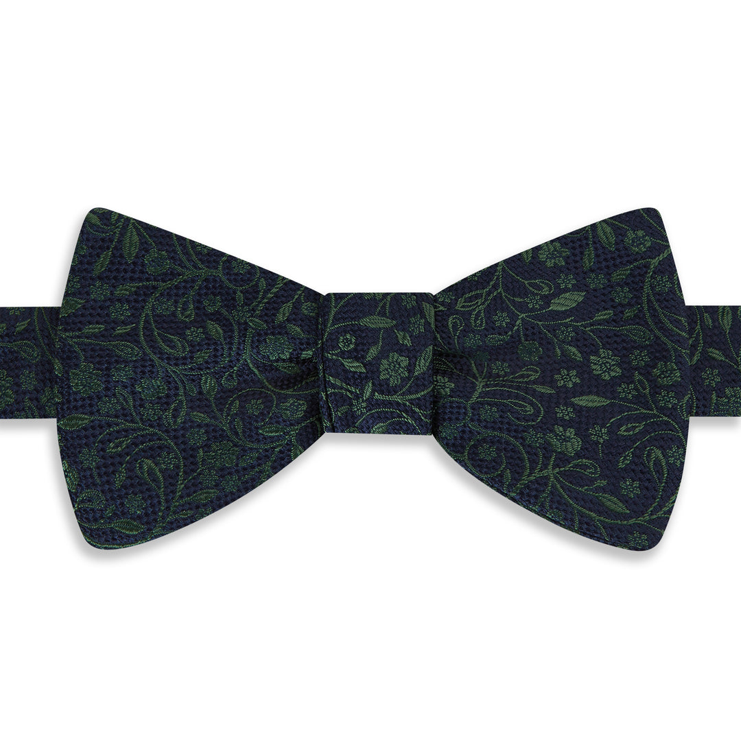 Navy Green Textured Floral Woven Silk Bow Tie