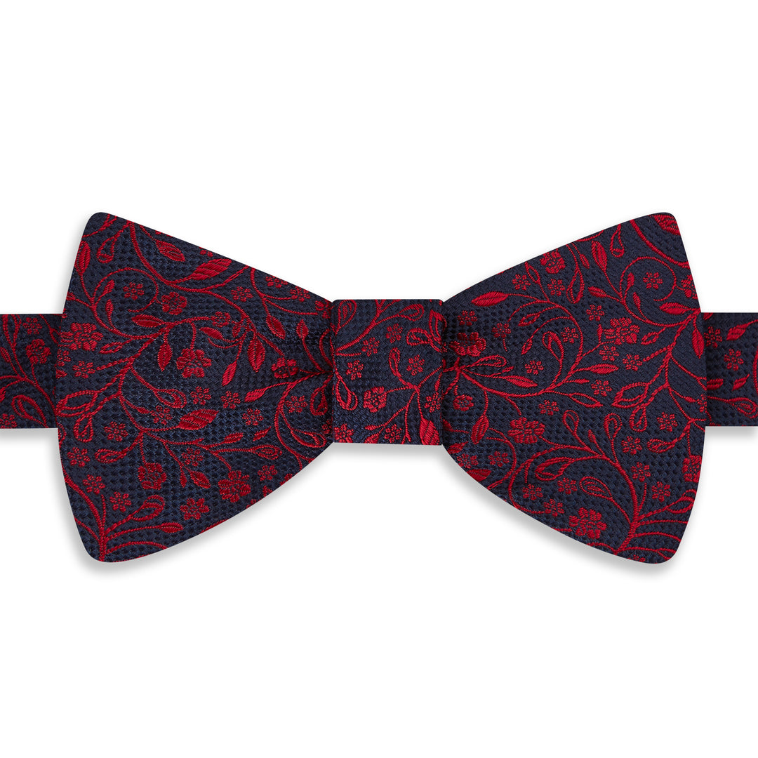 Navy Red Textured Floral Woven Silk Bow Tie
