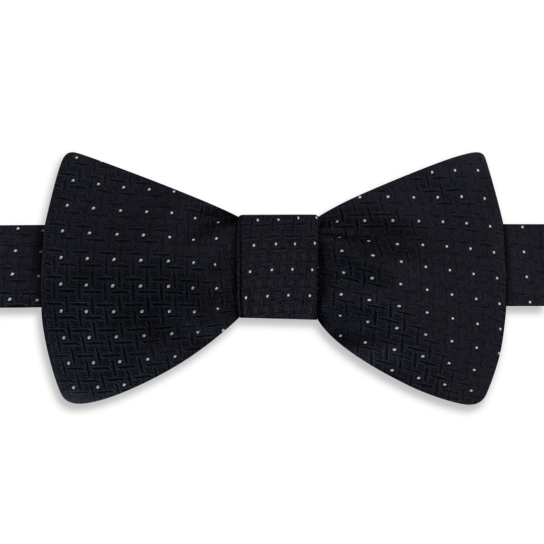 Navy White Basketweave Polka Dot Woven Silk Bow Tie