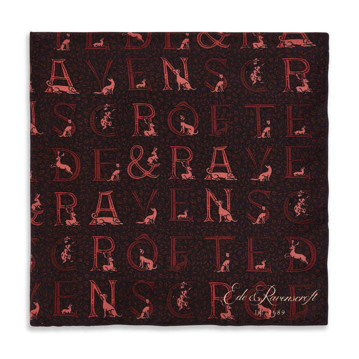 Aubergine Tonal Branded Print Silk Pocket Square