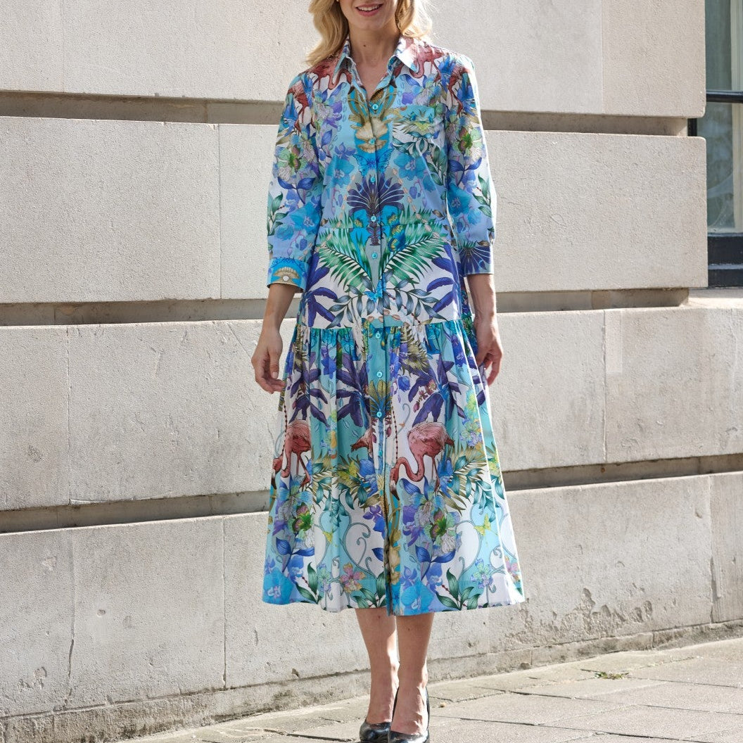 Francy85 Flamingo Print Blue Cotton Dress