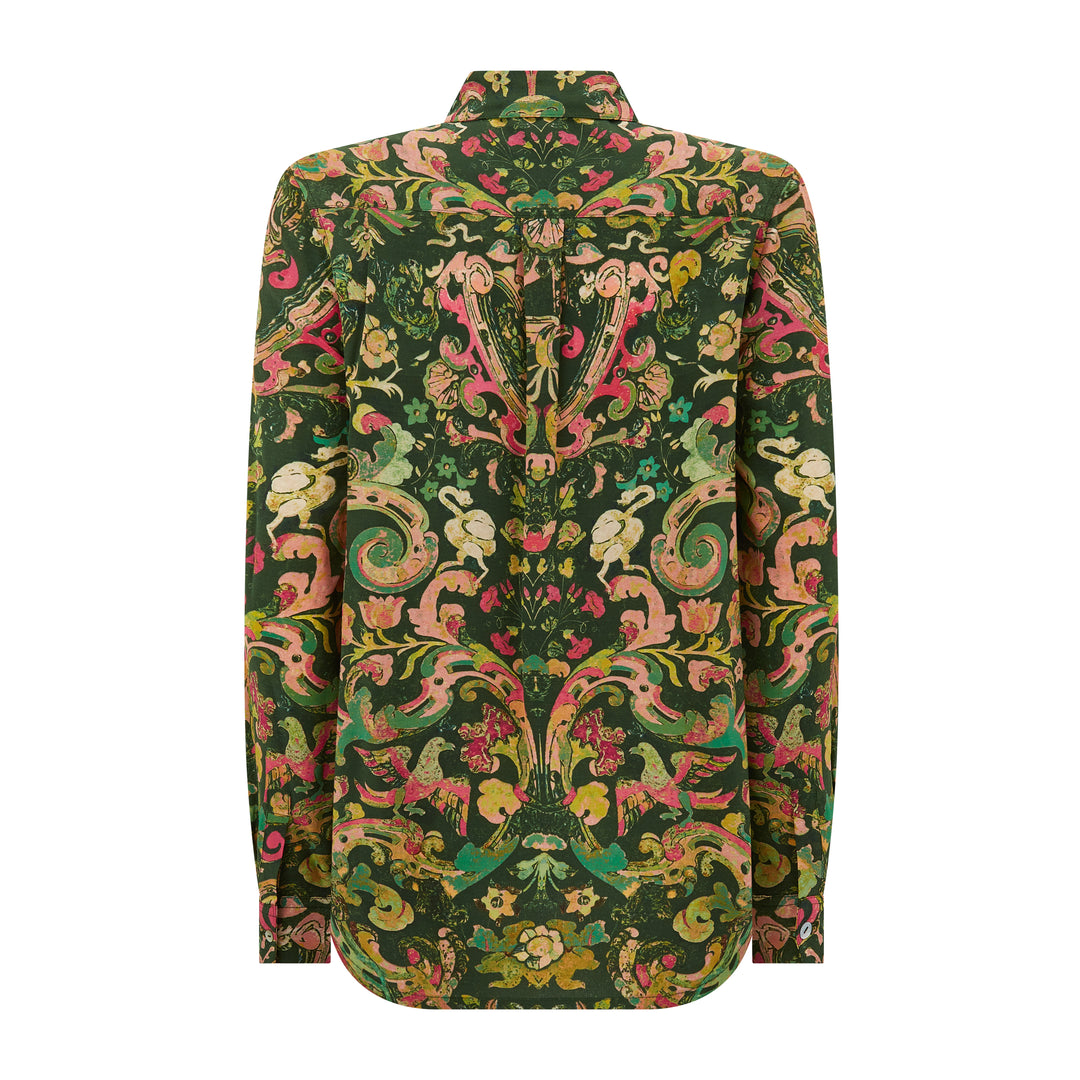 Concordia Marble Dark Green Silk Crepe De Chine Shirt