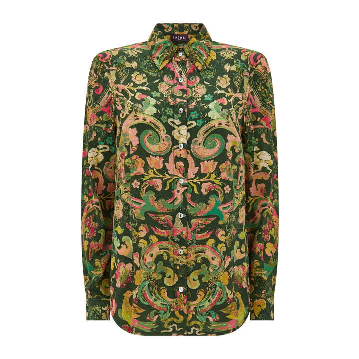 Concordia Marble Dark Green Silk Crepe De Chine Shirt