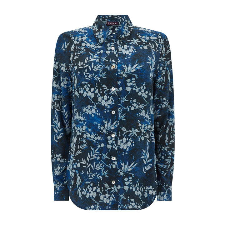 Concordia Gold Leaf Navy Silk Crepe De Chine Shirt