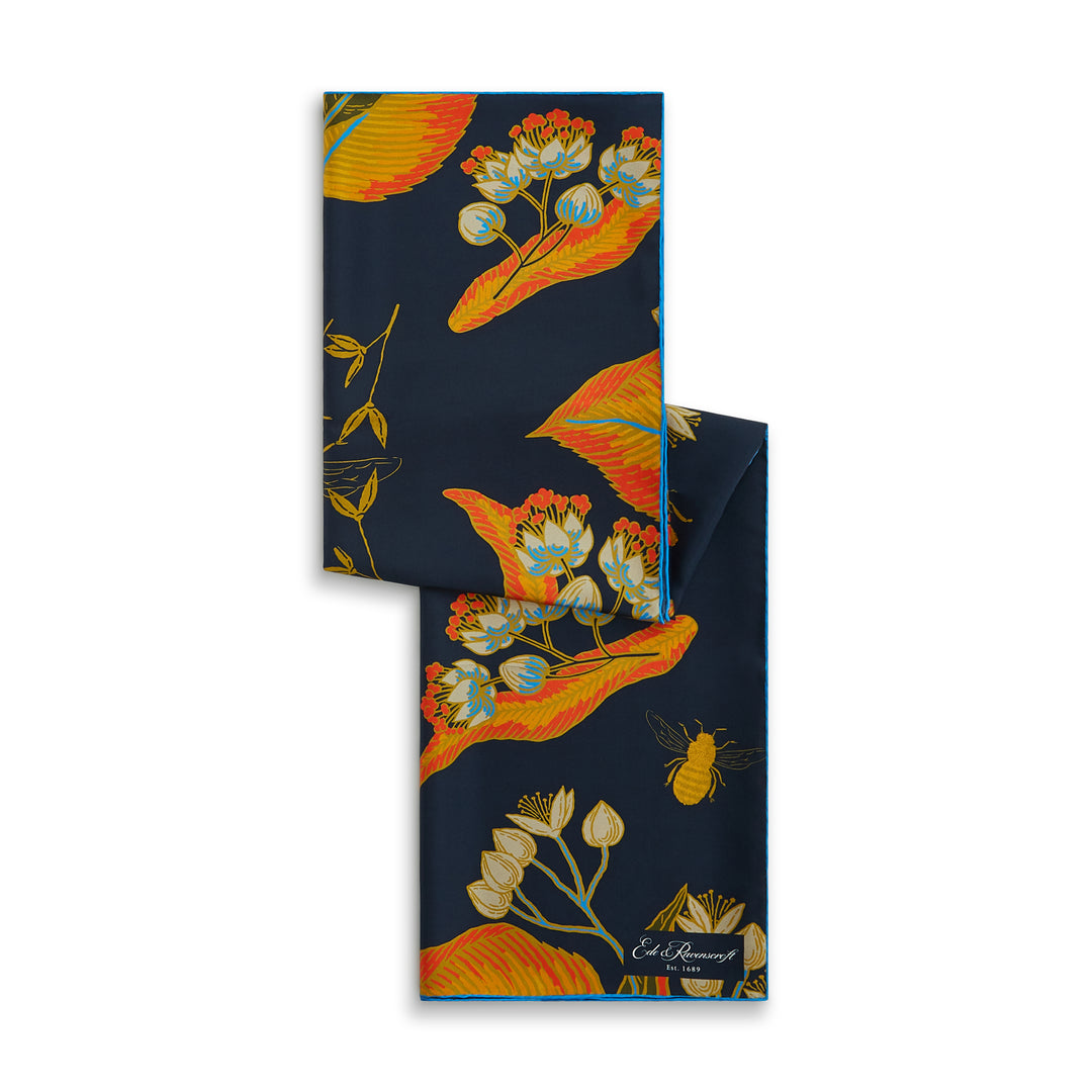 Navy Foliage Bee Silk Square Scarf