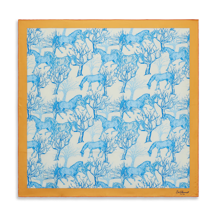Ecru Pale Blue Roaming Horse Silk Scarf