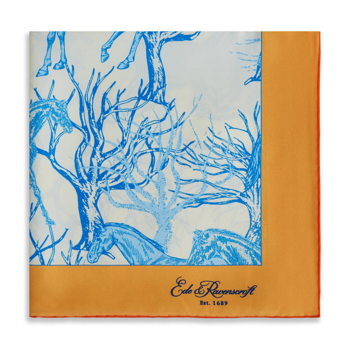 Ecru Pale Blue Roaming Horse Silk Scarf