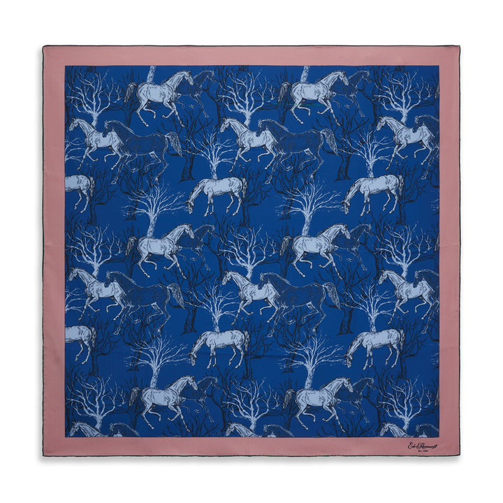 Blue Pink Roaming Horse Silk Scarf