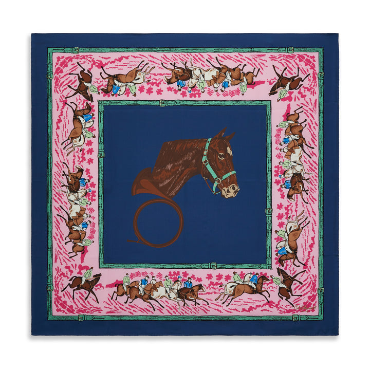 Blue Pink Equastrian Silk Square Scarf