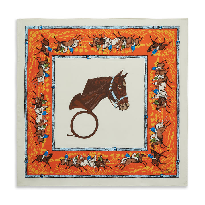 Ecru Orange Equastrian Silk Square Scarf