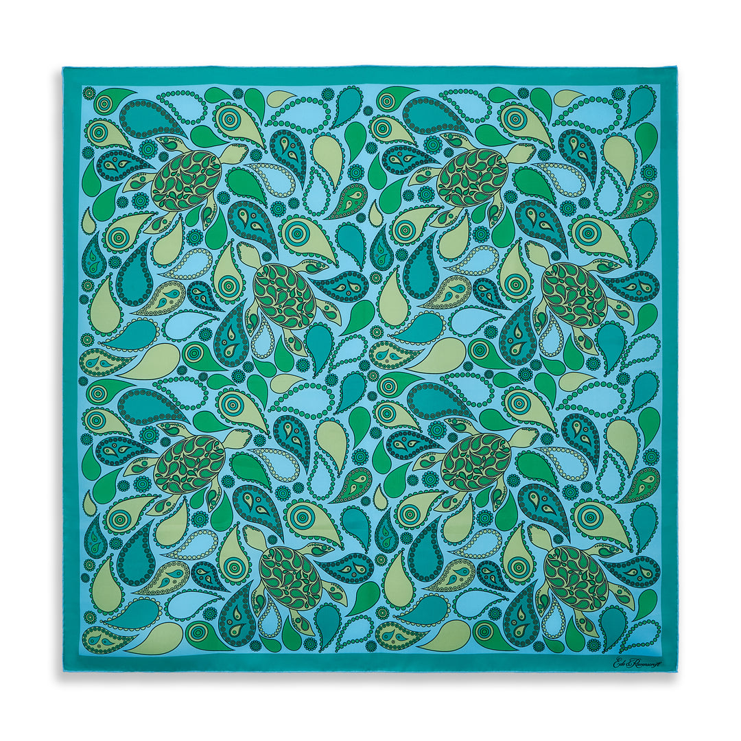 Blue Green Turtle Paisley Silk Square Scarf