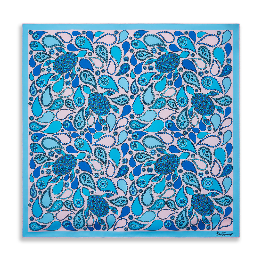 Pink Blue Turtle Paisley Silk Square Scarf