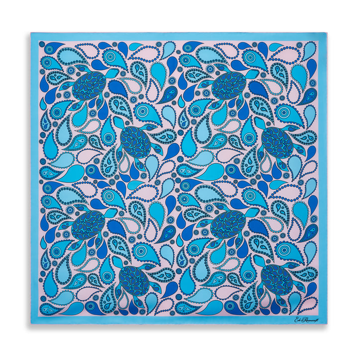 Pink Blue Turtle Paisley Silk Square Scarf
