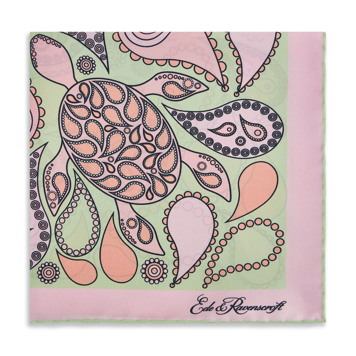 Green Pink Turtle Paisley Silk Square Scarf