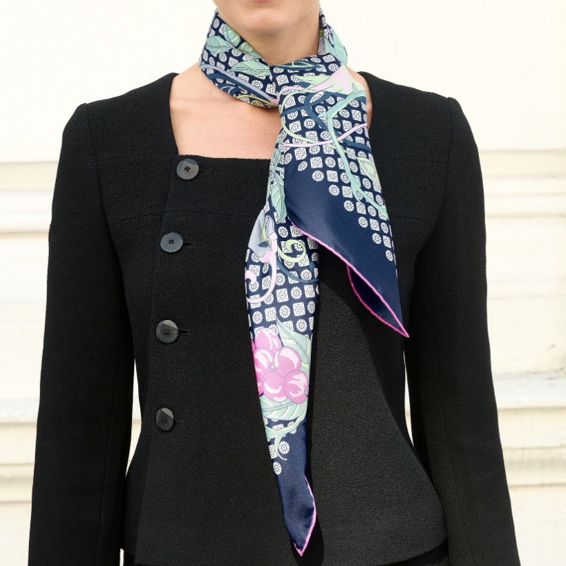 Navy Pink Parrot Silk Square Scarf