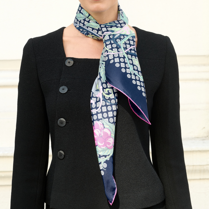 Navy Pink Parrot Silk Square Scarf