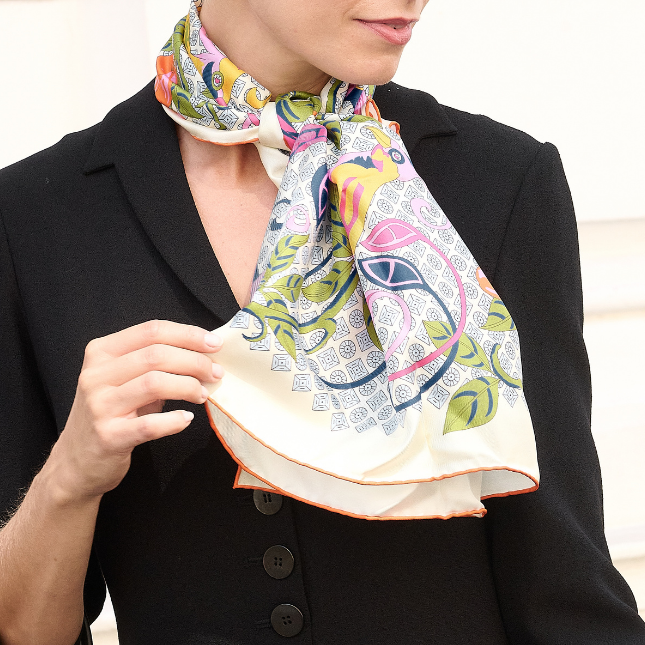 Ecru Parrot Silk Square Scarf