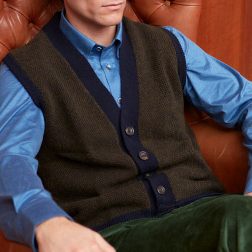 Kells Knitted Navy Green Birdseye Wool Vest