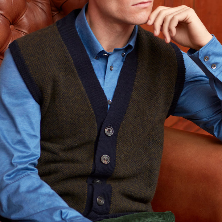 Kells Knitted Navy Green Birdseye Vest