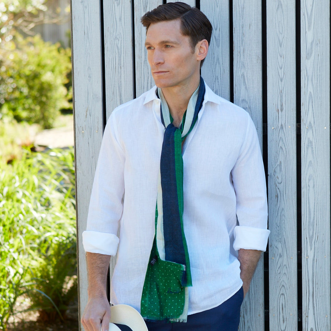 Green Spot Stripe Reversible Wool Silk Cashmere Scarf