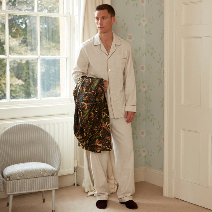 Cream Brushed Twill Piped Cotton Pyjama Set