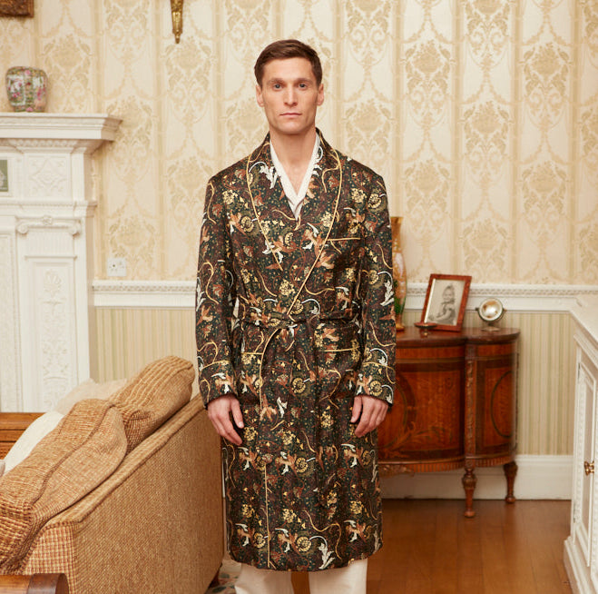 Green Exclusive Silk Pheasant Jacquard Dressing Gown