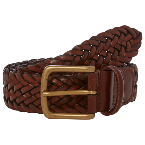 Tan Plaited Leather Belt with Brass Buckle