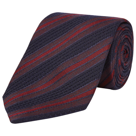 Navy Red Stripe Bold Textured Woven Silk Wool Tie