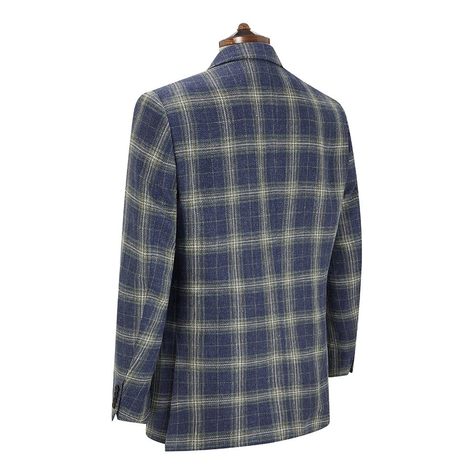 Gregory Navy and Green Check Linen, Silk, and Cotton Jacket