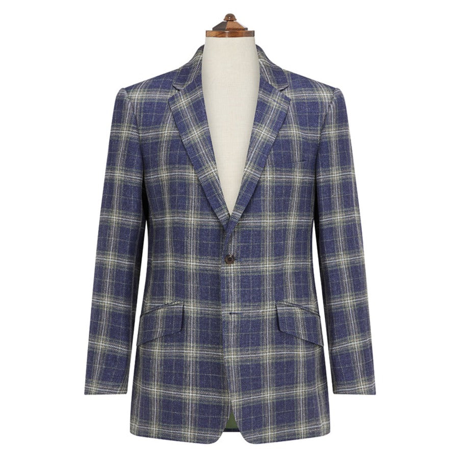 Gregory Navy and Green Check Linen Silk blend Jacket