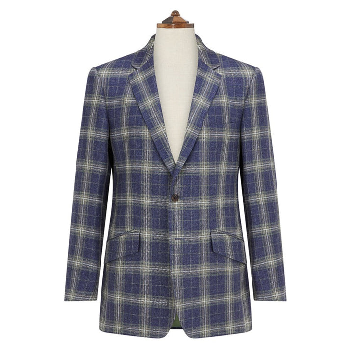 Gregory Navy and Green Check Linen Silk blend Jacket