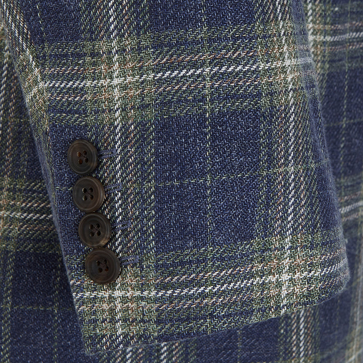 Gregory Navy and Green Check Linen, Silk, and Cotton Jacket