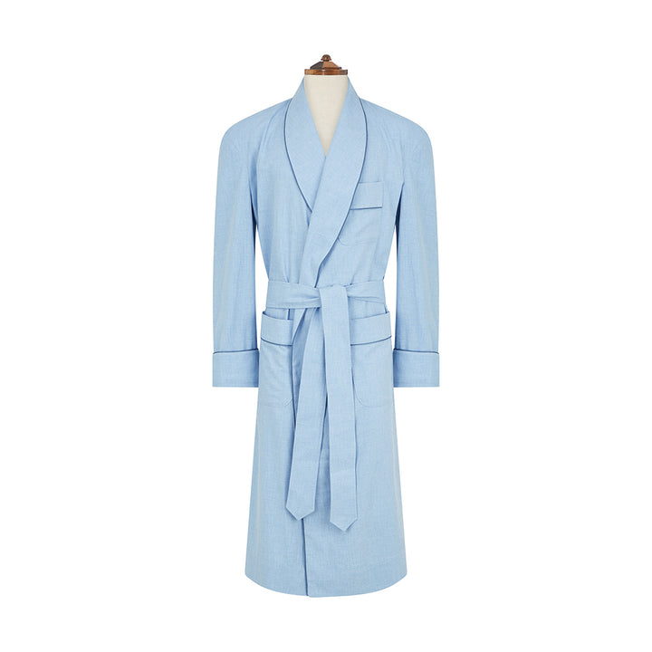 Blue Brushed Herringbone Piped Cotton Dressing Gown