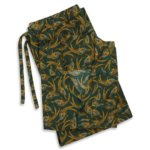 Green and Gold Exclusive Print Cotton Silk Piped Pyjama Set