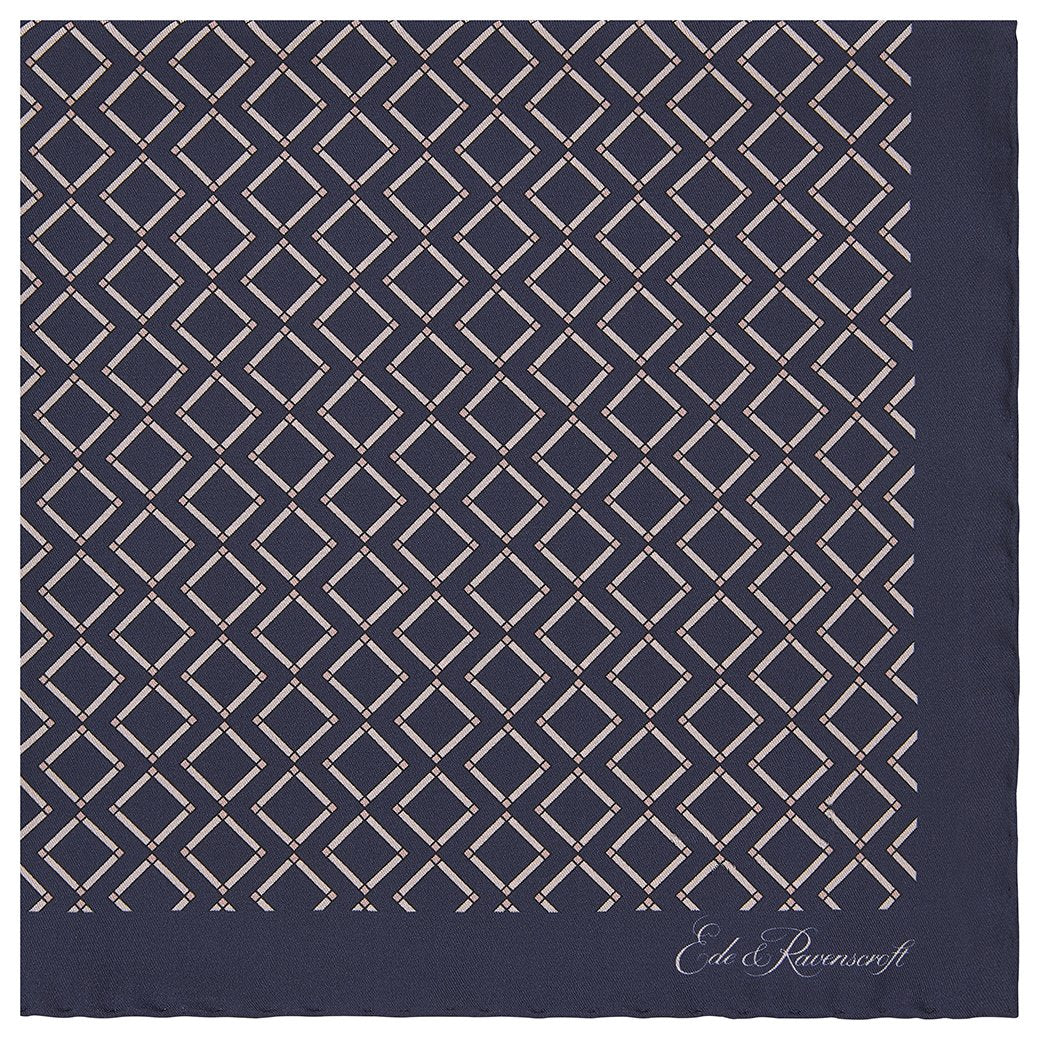 Navy and Pink Geometric Printed Silk Pocket Square