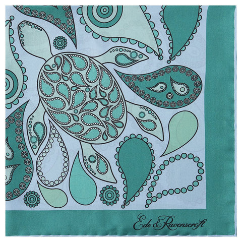 Blue and Green Turtle Silk Printed Pocket Square