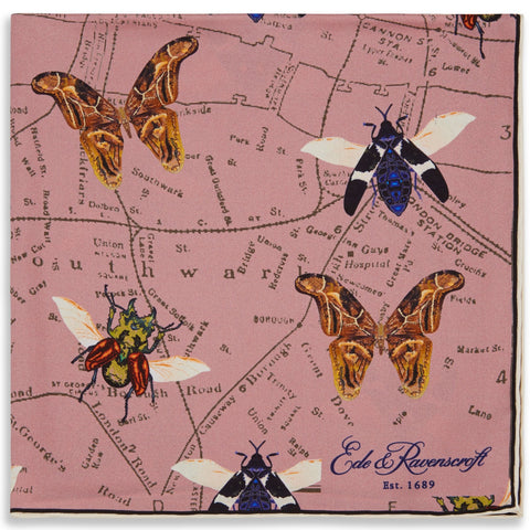 Pink Insect Map Printed Silk Pocket Square