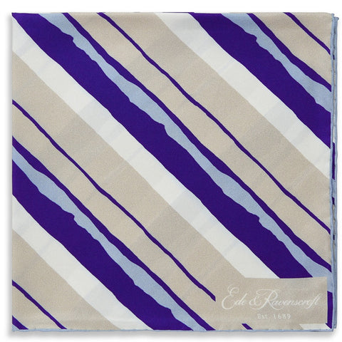 Blue White Painted Stripe Printed Silk Pocket Square