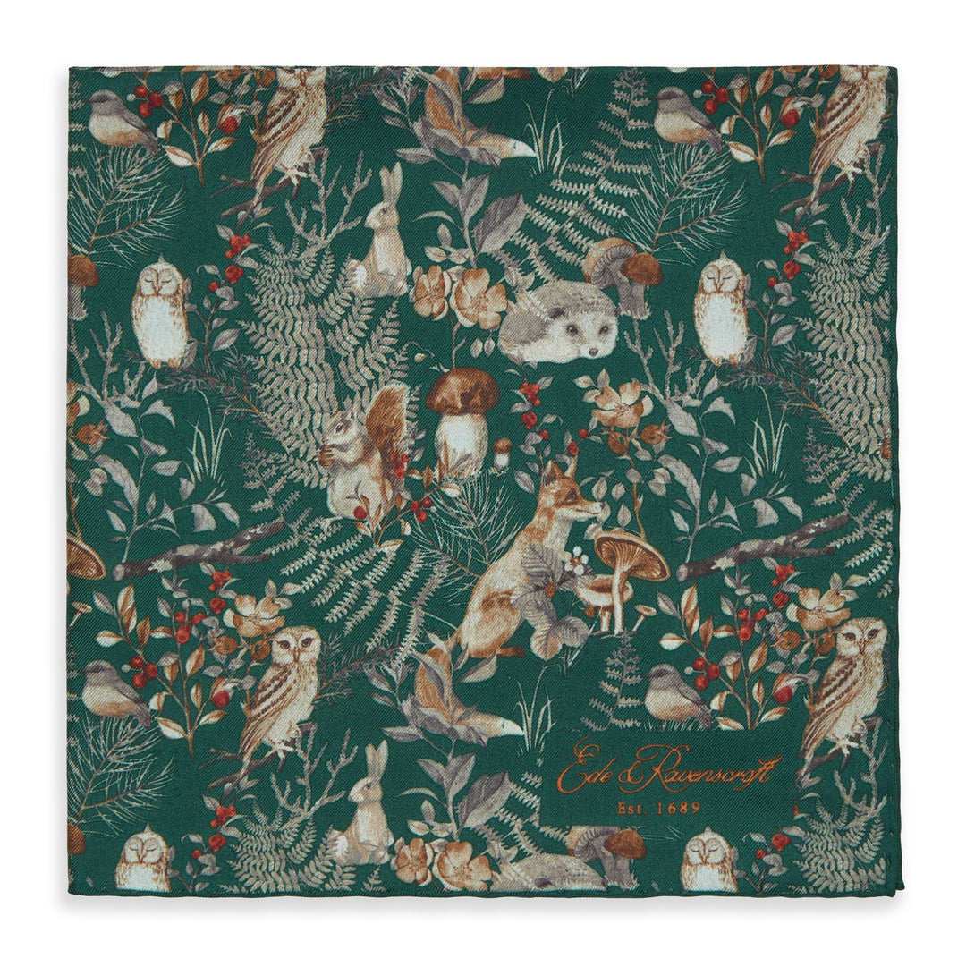 Green and Burgundy Archive Wildlife Printed Silk Pocket Square