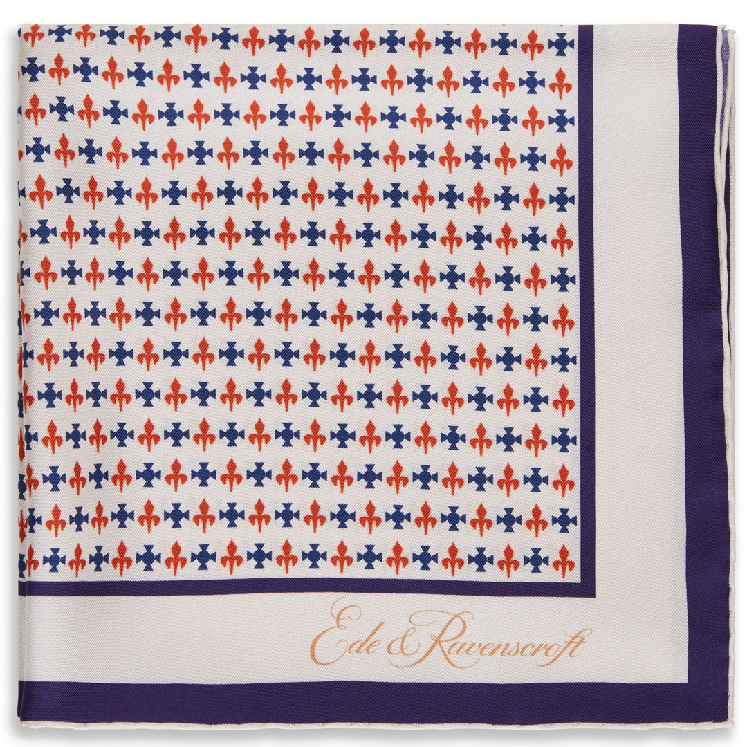 Ecru and Red Fleur De Lys Pocket Square