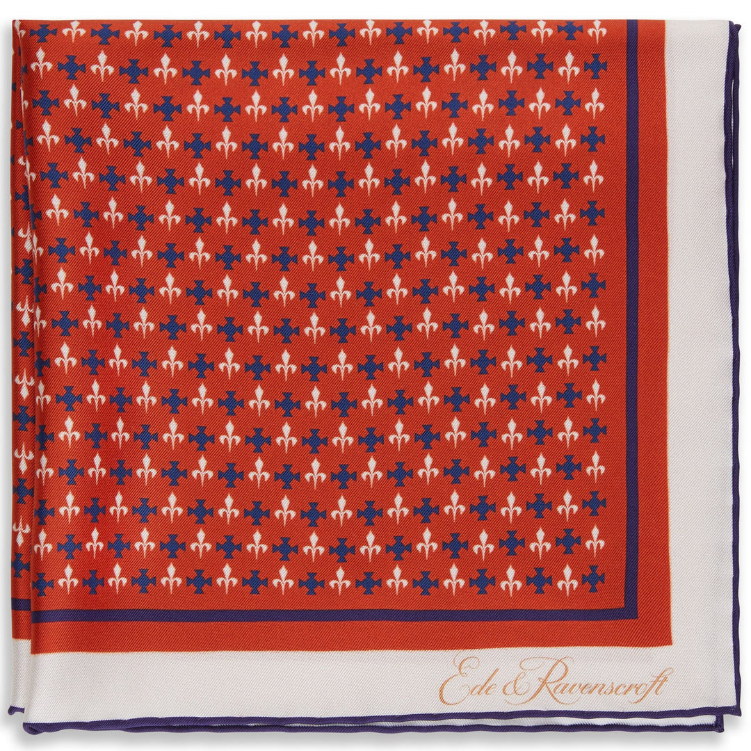 Red and Ecru Fleur De Lys Pocket Square