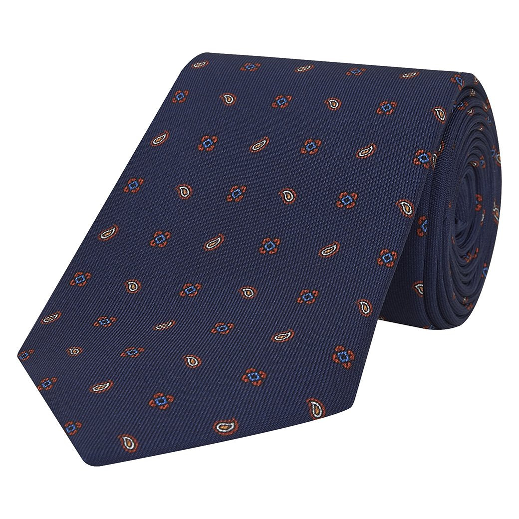 Navy Paisley Medallion Printed Silk Tie