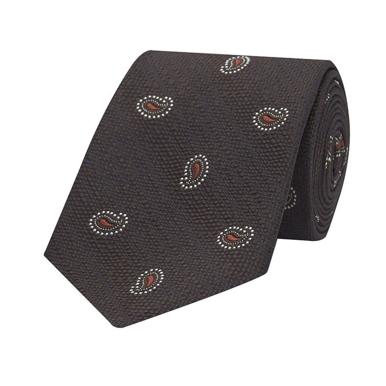 Brown and Orange Teardrop Paisley Textured Woven Silk Tie