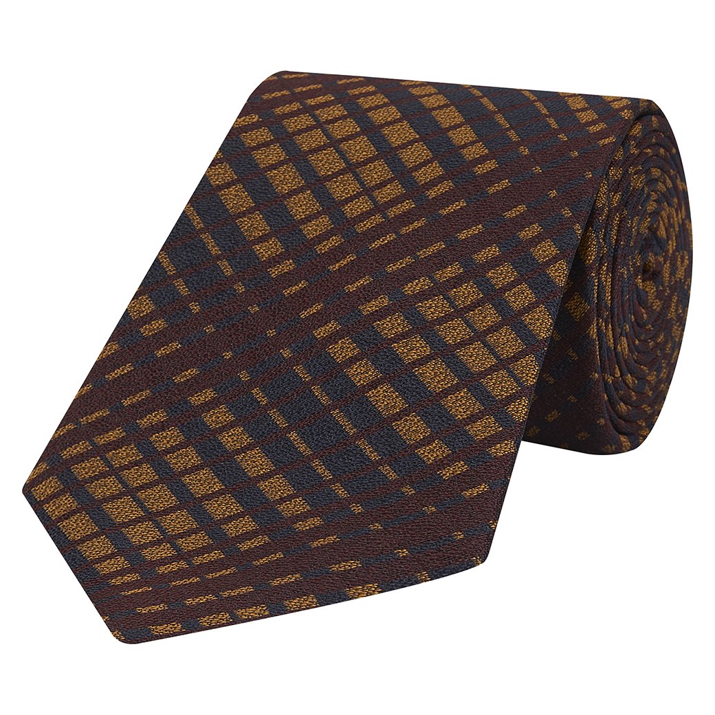 Orange and Burgundy Lustre Check Woven Silk Tie