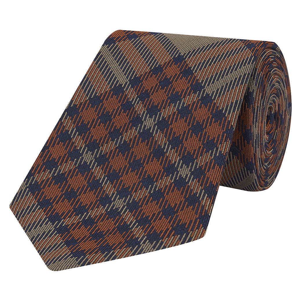 Orange and Brown Tartan Woven Silk Tie
