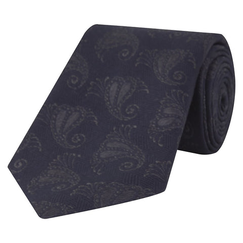 Navy and Grey Tonal Paisley Jacquard Woven Silk Tie