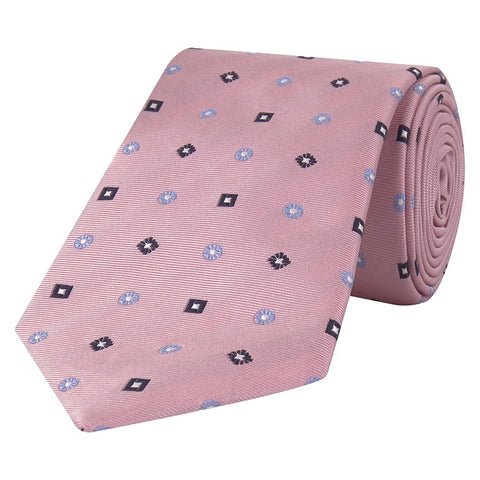 Pink and Navy Abstract Flower Square Jacquard Woven Silk Tie